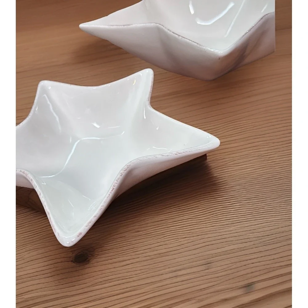 Pottery Barn Star Serving Bowl Dish White Rustic Trim Ceramic Stackable Set 2